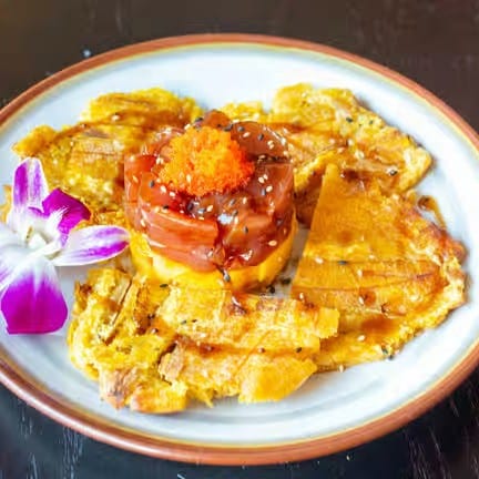 Mango Tuna Tartare with Tostones.