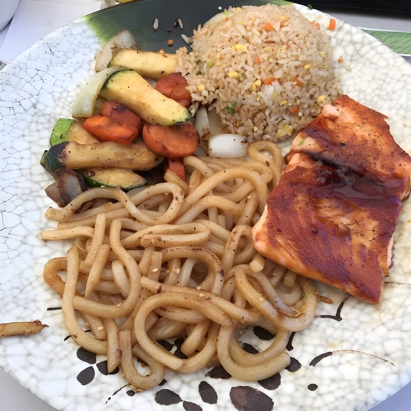 A Rio of Japan salmon hibachi dinner with fried rice, udon noodles, and grilled vegetables.